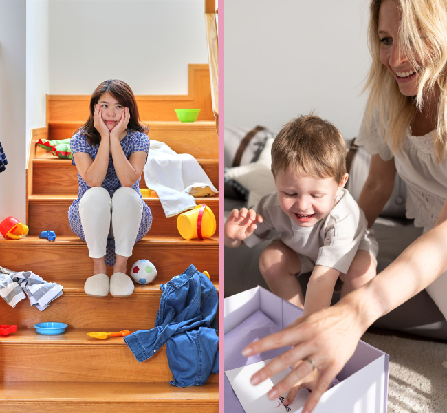 Before and after image showing a stressed mother overwhelmed by cluttered toys on stairs, contrasted with a happy mother and child joyfully unboxing a SnuggleBox.