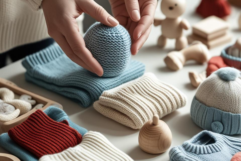 Hands gently touching a soft, knitted blue baby toy on a table surrounded by folded Scandinavian-style clothing and wooden toys, emphasizing meticulous curation and quality.