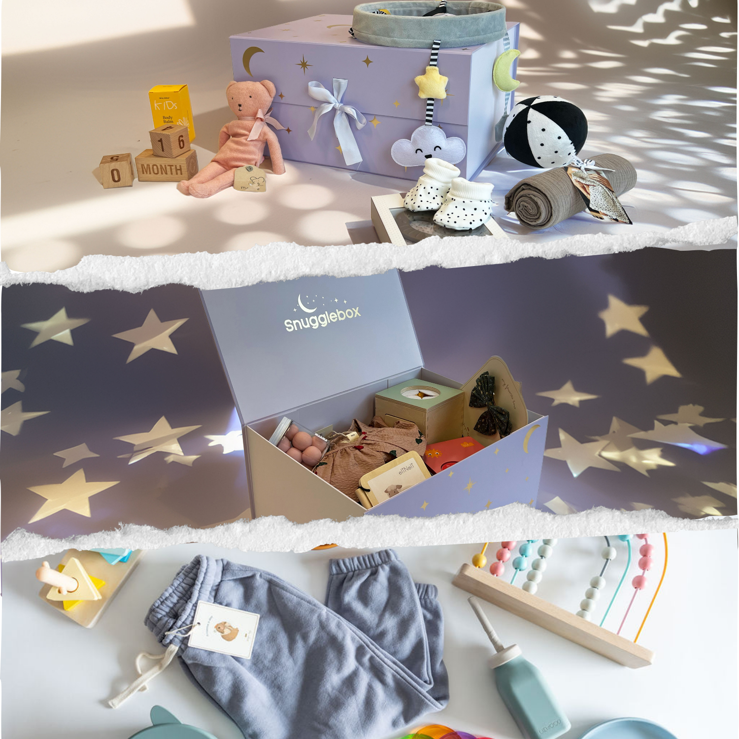 SnuggleBox hero collage showing a closed newborn box with developmental toys, an open mystery box revealing curated baby essentials, and toddler clothing with play items.