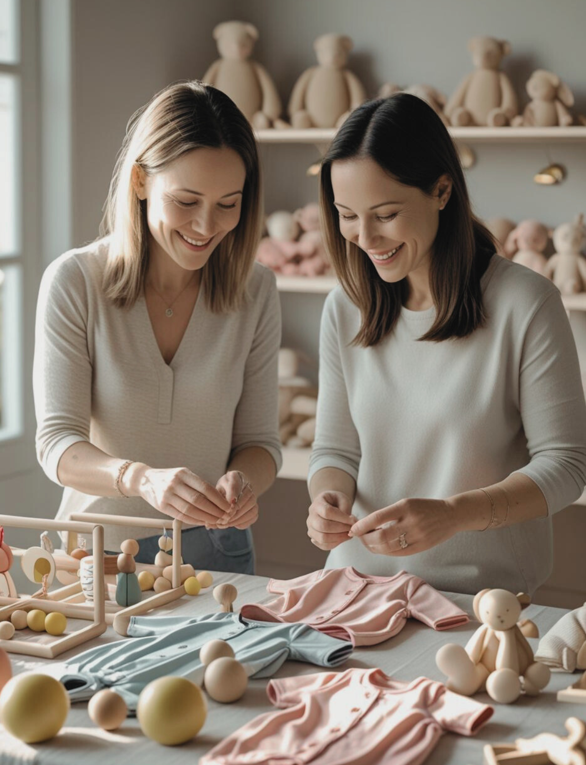 Two smiling mothers, SnuggleBox curation experts, reviewing a table filled with various high-quality baby toys and clothing, emphasizing thoughtful product selection.